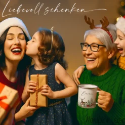 Personalisierte Emaille Tasse Weihnachten mit Namen – Hirsch & Wintermotiv – Geschenkidee Advent & Weihnachtsgeschenk