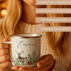 Personalisierte Emaille Tasse Weihnachten mit Namen – Hirsch & Wintermotiv – Geschenkidee Advent & Weihnachtsgeschenk
