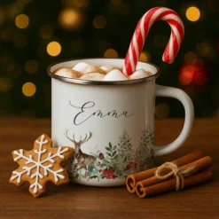 Personalisierte Emaille Tasse Weihnachten mit Namen – Hirsch & Wintermotiv – Geschenkidee Advent & Weihnachtsgeschenk