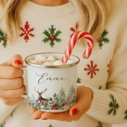 Personalisierte Emaille Tasse Weihnachten mit Namen – Hirsch & Wintermotiv – Geschenkidee Advent & Weihnachtsgeschenk