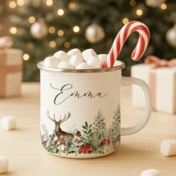 Personalisierte Emaille Tasse Weihnachten mit Namen – Hirsch & Wintermotiv – Geschenkidee Advent & Weihnachtsgeschenk