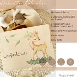 Personalisierte Erinnerungskiste "Rehkitz" als Motiv für Babys zur Geburt und Taufe, Babygeschenk mit dem Namen, Holzkiste
