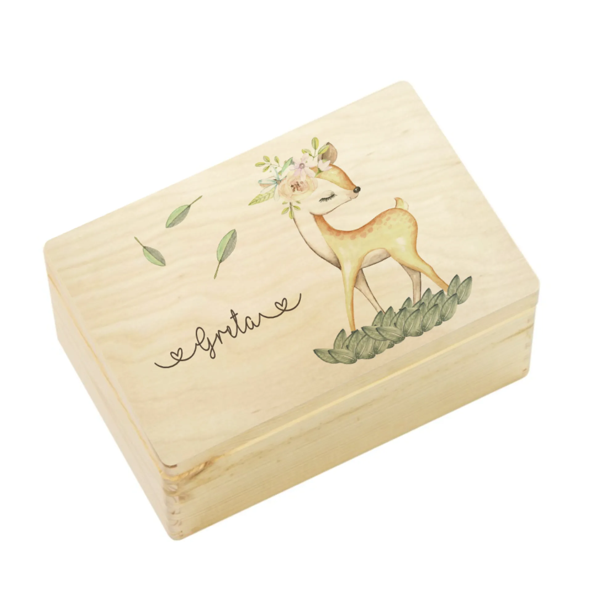 Personalisierte Erinnerungskiste "Rehkitz" als Motiv für Babys zur Geburt und Taufe, Babygeschenk mit dem Namen, Holzkiste