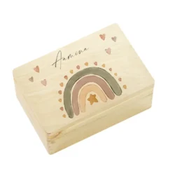 Personalisierte Erinnerungsbox aus Holz, Regenbogen Holzkiste mit Namen