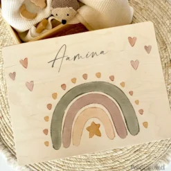 Personalisierte Erinnerungsbox aus Holz, Regenbogen Holzkiste mit Namen
