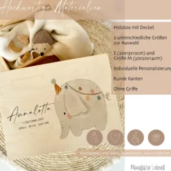 Personalisierte Erinnerungsbox für Babys, Holzkiste mit Deckel, Namen u. Geburtsdaten | Motiv: Elefant