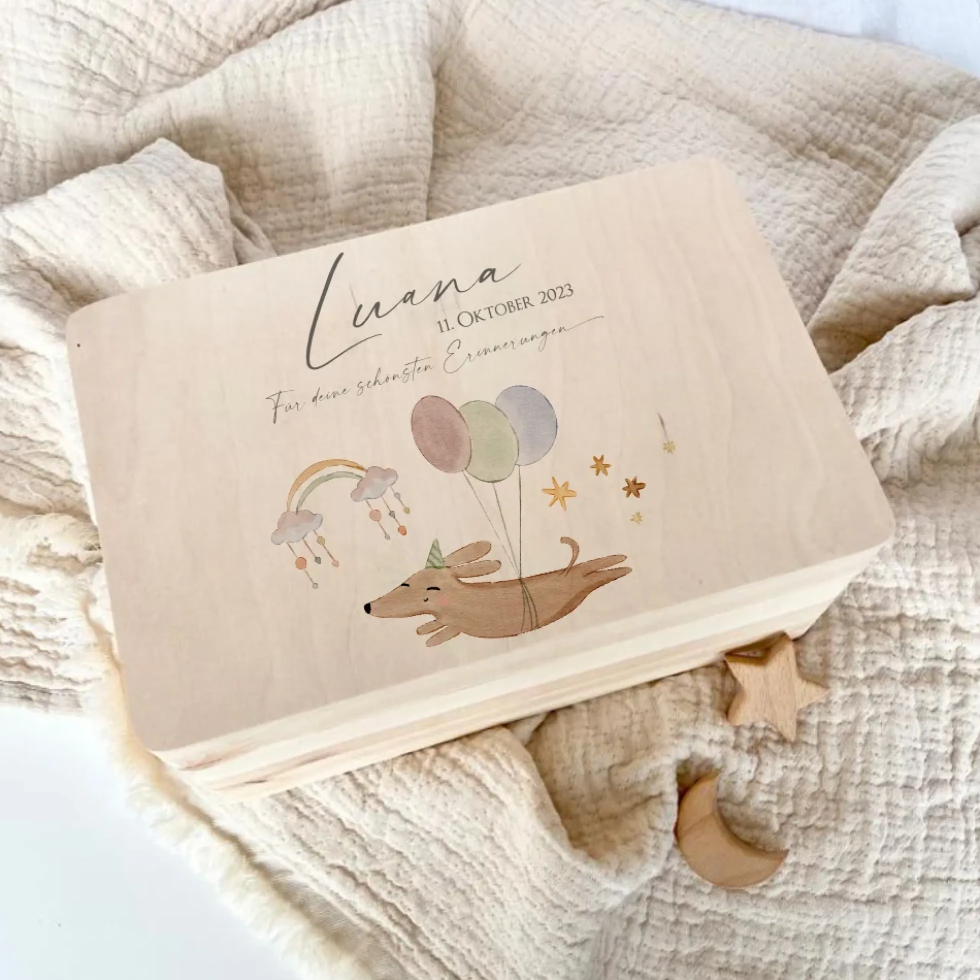 Personalisierte Erinnerungsbox aus Holz mit Motiv "Hund" für Babys, Kinder