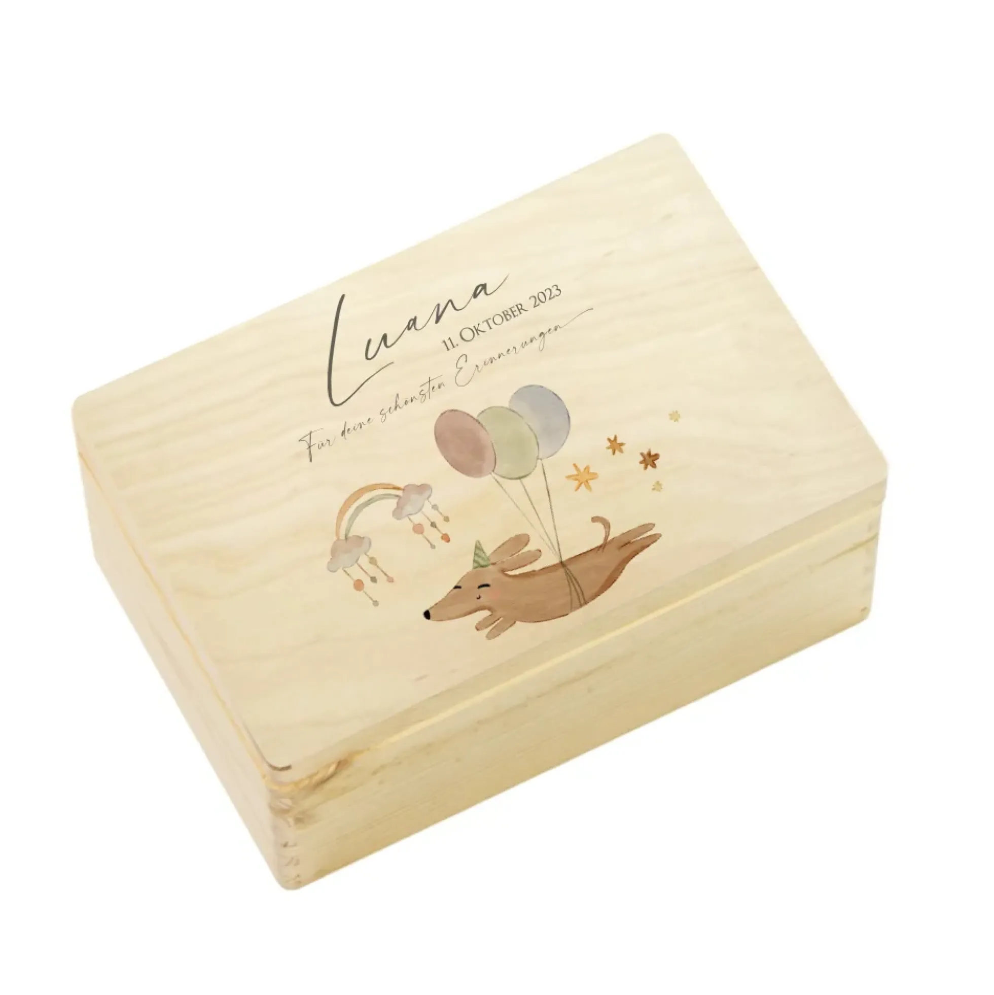 Personalisierte Erinnerungsbox aus Holz mit Motiv "Hund" für Babys, Kinder