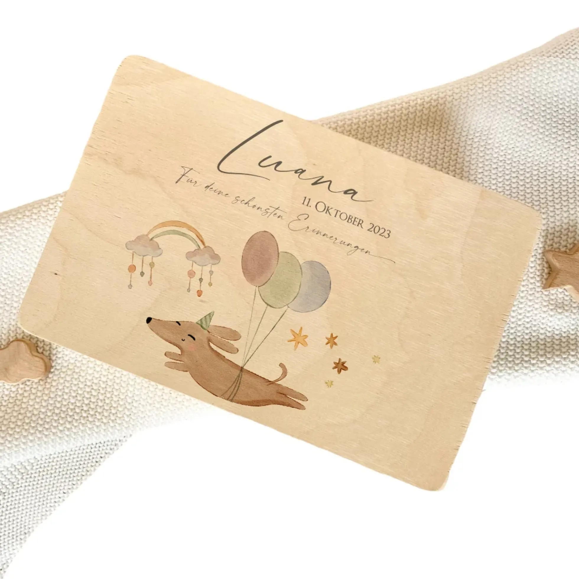 Personalisierte Erinnerungsbox aus Holz mit Motiv "Hund" für Babys, Kinder