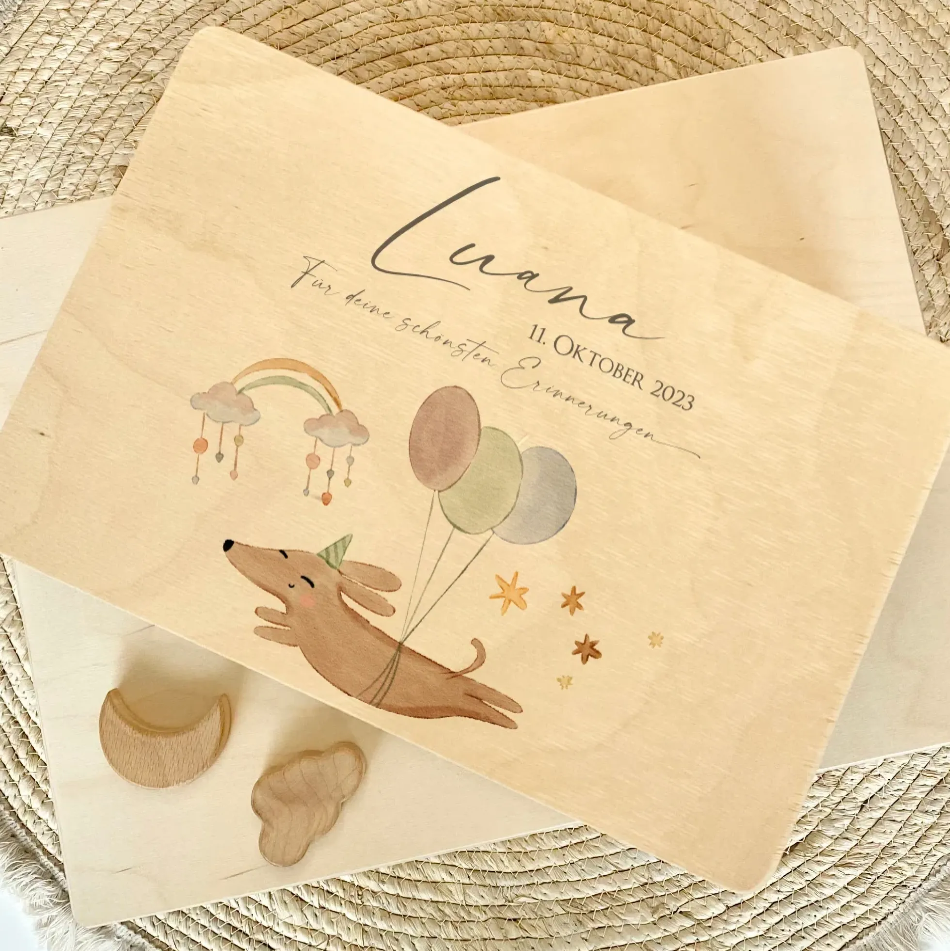 Personalisierte Erinnerungsbox aus Holz mit Motiv "Hund" für Babys, Kinder