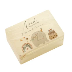 Personalisierte Erinnerungsbox aus Holz für Babys, Kleinkinder, Kinder | Holzkiste Elefant mit Namen und Spruch