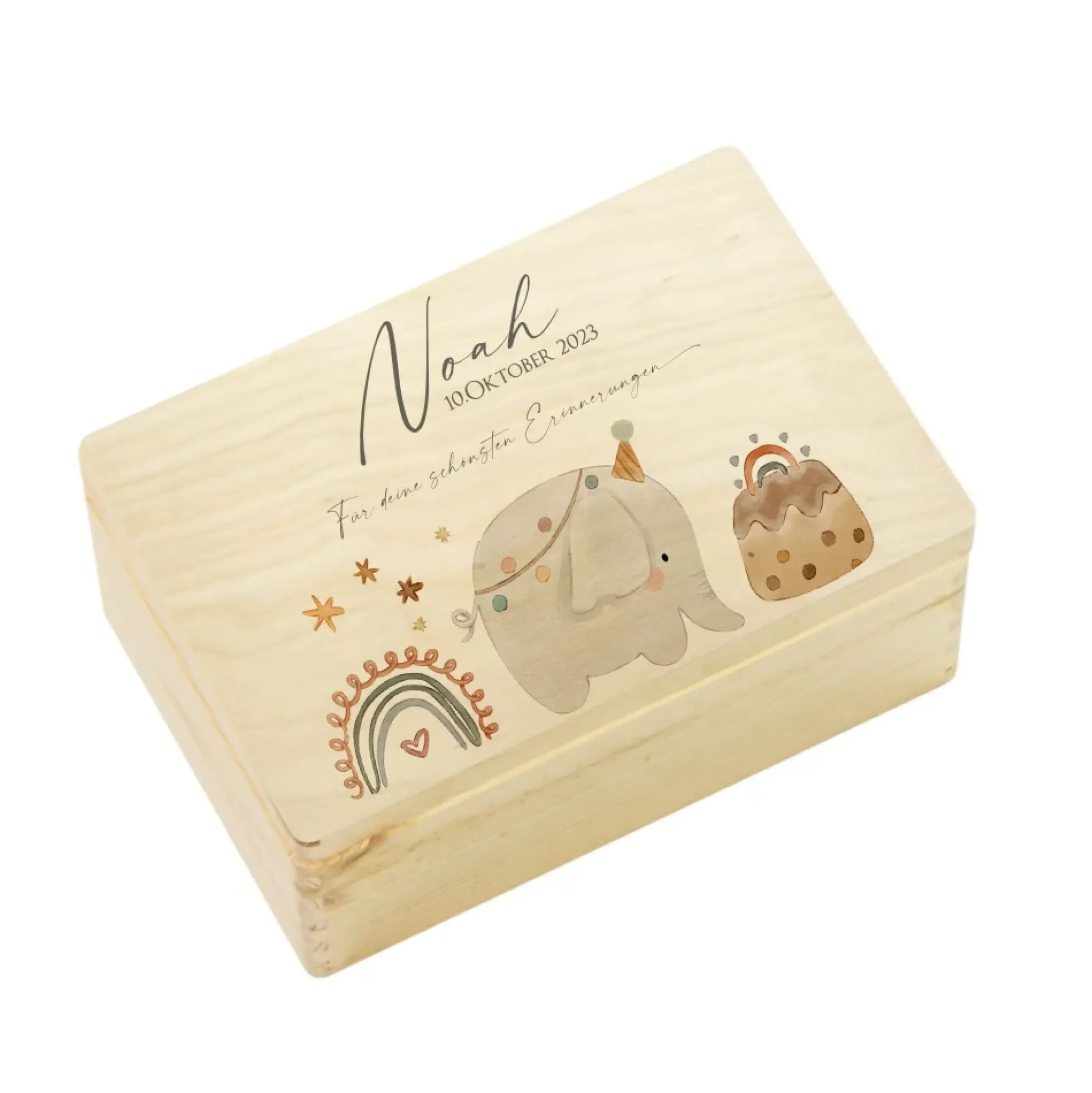 Personalisierte Erinnerungsbox aus Holz für Babys, Kleinkinder, Kinder | Holzkiste Elefant mit Namen und Spruch