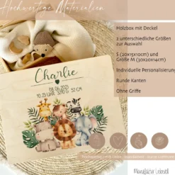 Personalisierte Erinnerungskiste "Safari Tiere" als Motiv für Babys zur Geburt und Taufe, Babygeschenk mit dem Namen, Holzkiste