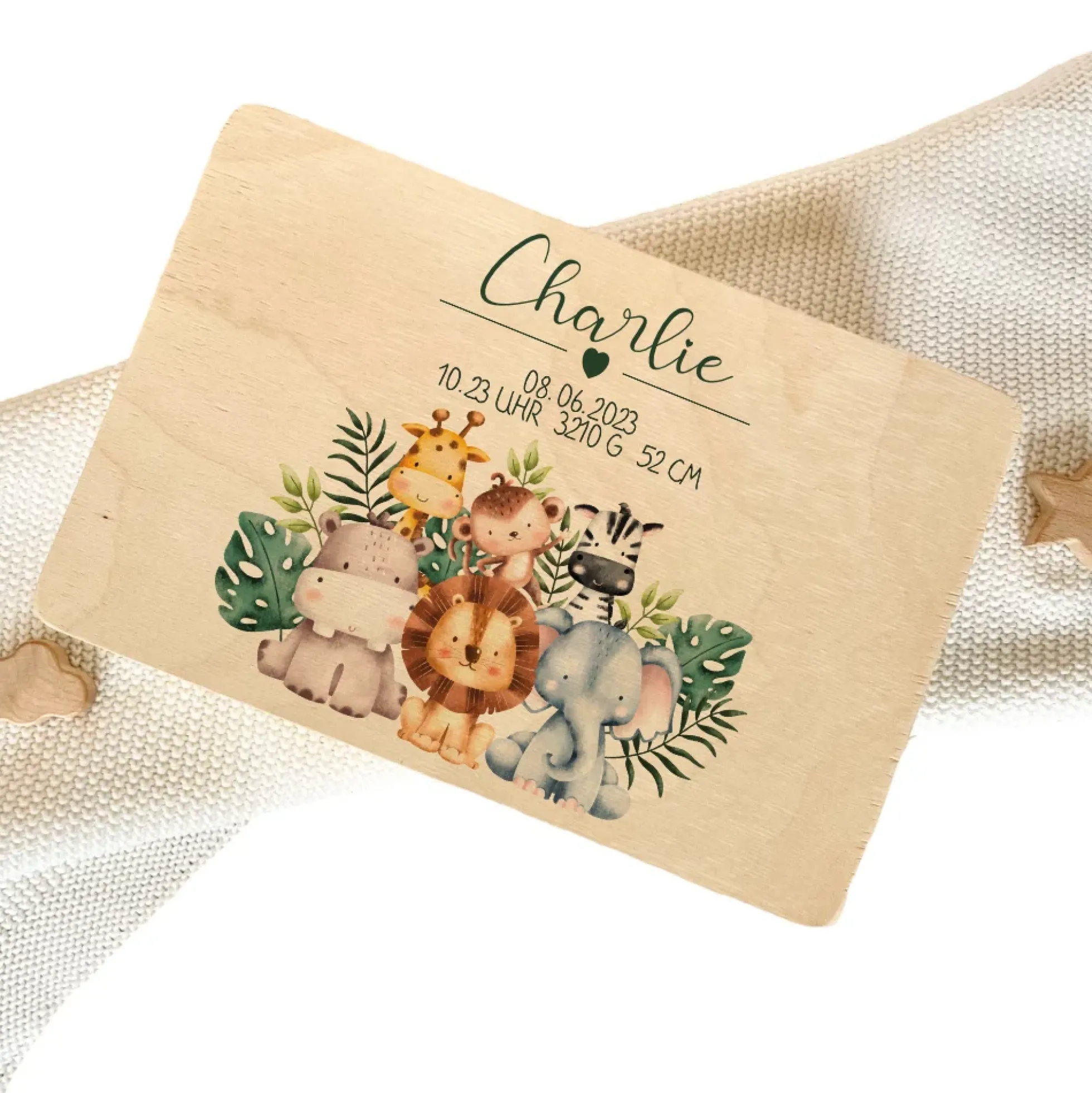 Personalisierte Erinnerungskiste "Safari Tiere" als Motiv für Babys zur Geburt und Taufe, Babygeschenk mit dem Namen, Holzkiste