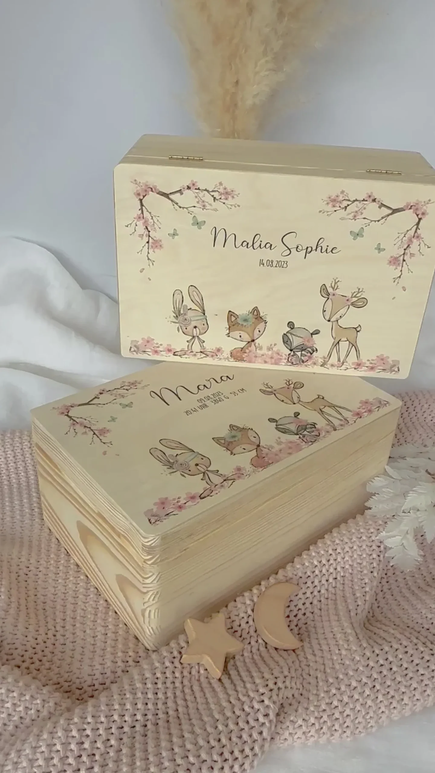 Personalisierte Erinnerungskiste "Tiere Boho" als Motiv für Babys zur Geburt und Taufe, Babygeschenk mit dem Namen, Holzkiste