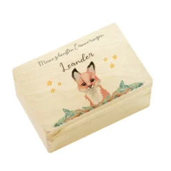 Personalisierte Erinnerungskiste "Fuchs" als Motiv für Babys zur Geburt und Taufe, Babygeschenk mit dem Namen, Holzkiste