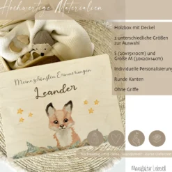 Personalisierte Erinnerungskiste "Fuchs" als Motiv für Babys zur Geburt und Taufe, Babygeschenk mit dem Namen, Holzkiste