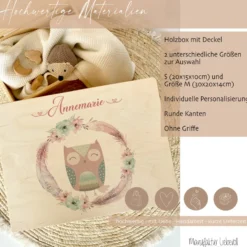 Personalisierte Erinnerungskiste "Eule" als Motiv für Babys zur Geburt und Taufe, Babygeschenk mit dem Namen, Holzkiste