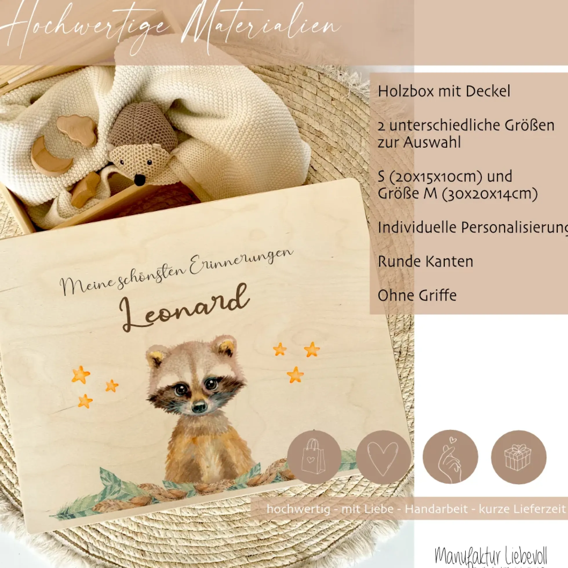 Personalisierte Erinnerungskiste "Waschbär" als Motiv für Babys zur Geburt und Taufe, Babygeschenk mit dem Namen, Holzkiste