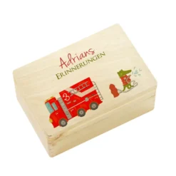 Personalisierte Erinnerungskiste "Feuerwehr" als Motiv für Babys zur Geburt und Taufe, Babygeschenk mit dem Namen, Holzkiste