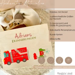 Personalisierte Erinnerungskiste "Feuerwehr" als Motiv für Babys zur Geburt und Taufe, Babygeschenk mit dem Namen, Holzkiste