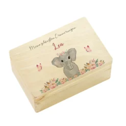 Personalisierte Erinnerungskiste "Elefant" als Motiv für Babys zur Geburt und Taufe, Babygeschenk mit dem Namen, Holzkiste