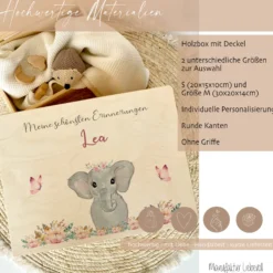 Personalisierte Erinnerungskiste "Elefant" als Motiv für Babys zur Geburt und Taufe, Babygeschenk mit dem Namen, Holzkiste