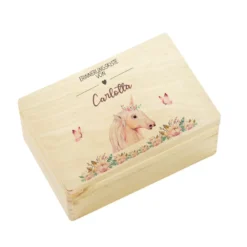 Personalisierte Erinnerungskiste "Einhorn" als Motiv für Babys zur Geburt und Taufe, Babygeschenk mit dem Namen, Holzkiste