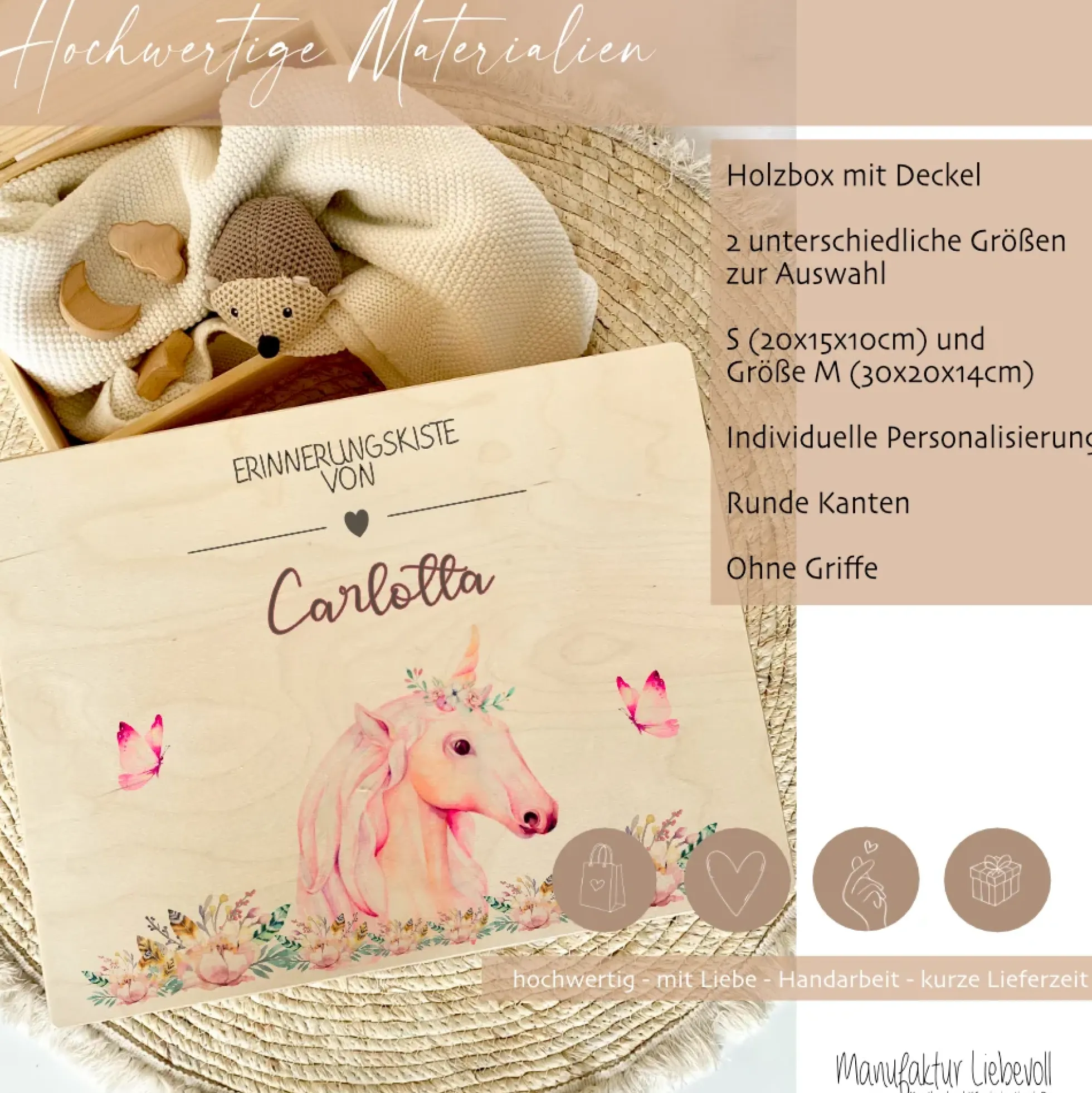 Personalisierte Erinnerungskiste "Einhorn" als Motiv für Babys zur Geburt und Taufe, Babygeschenk mit dem Namen, Holzkiste