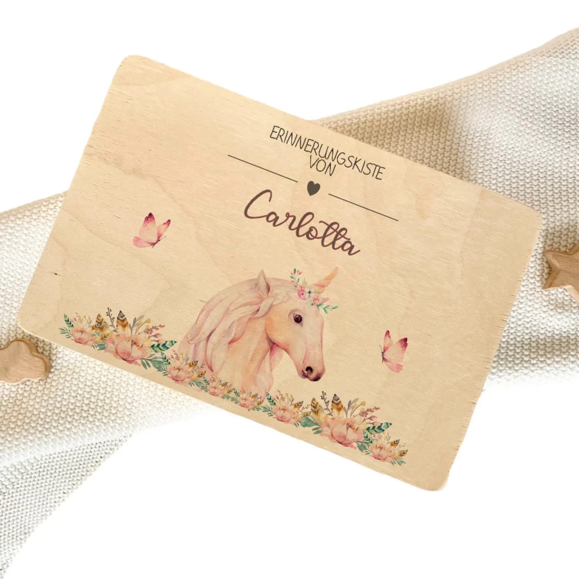 Personalisierte Erinnerungskiste "Einhorn" als Motiv für Babys zur Geburt und Taufe, Babygeschenk mit dem Namen, Holzkiste