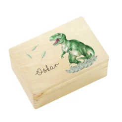 Personalisierte Erinnerungskiste "Dinosaurier" als Motiv für Babys zur Geburt und Taufe, Babygeschenk mit dem Namen, Holzkiste