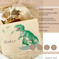 Personalisierte Erinnerungskiste "Dinosaurier" als Motiv für Babys zur Geburt und Taufe, Babygeschenk mit dem Namen, Holzkiste