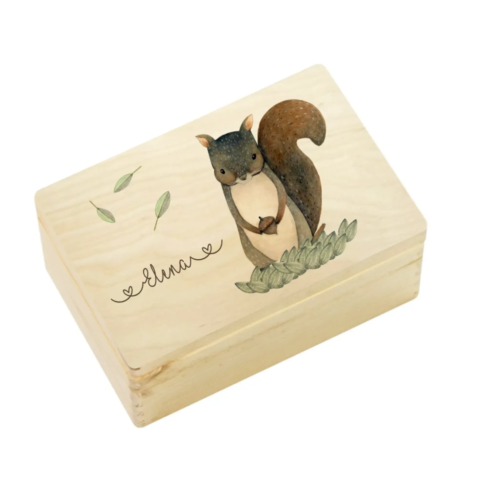 Personalisierte Erinnerungskiste "Eichhörnchen" als Motiv für Babys zur Geburt und Taufe, Babygeschenk mit dem Namen, Holzkiste