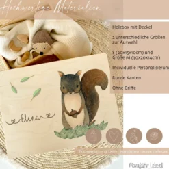 Personalisierte Erinnerungskiste "Eichhörnchen" als Motiv für Babys zur Geburt und Taufe, Babygeschenk mit dem Namen, Holzkiste