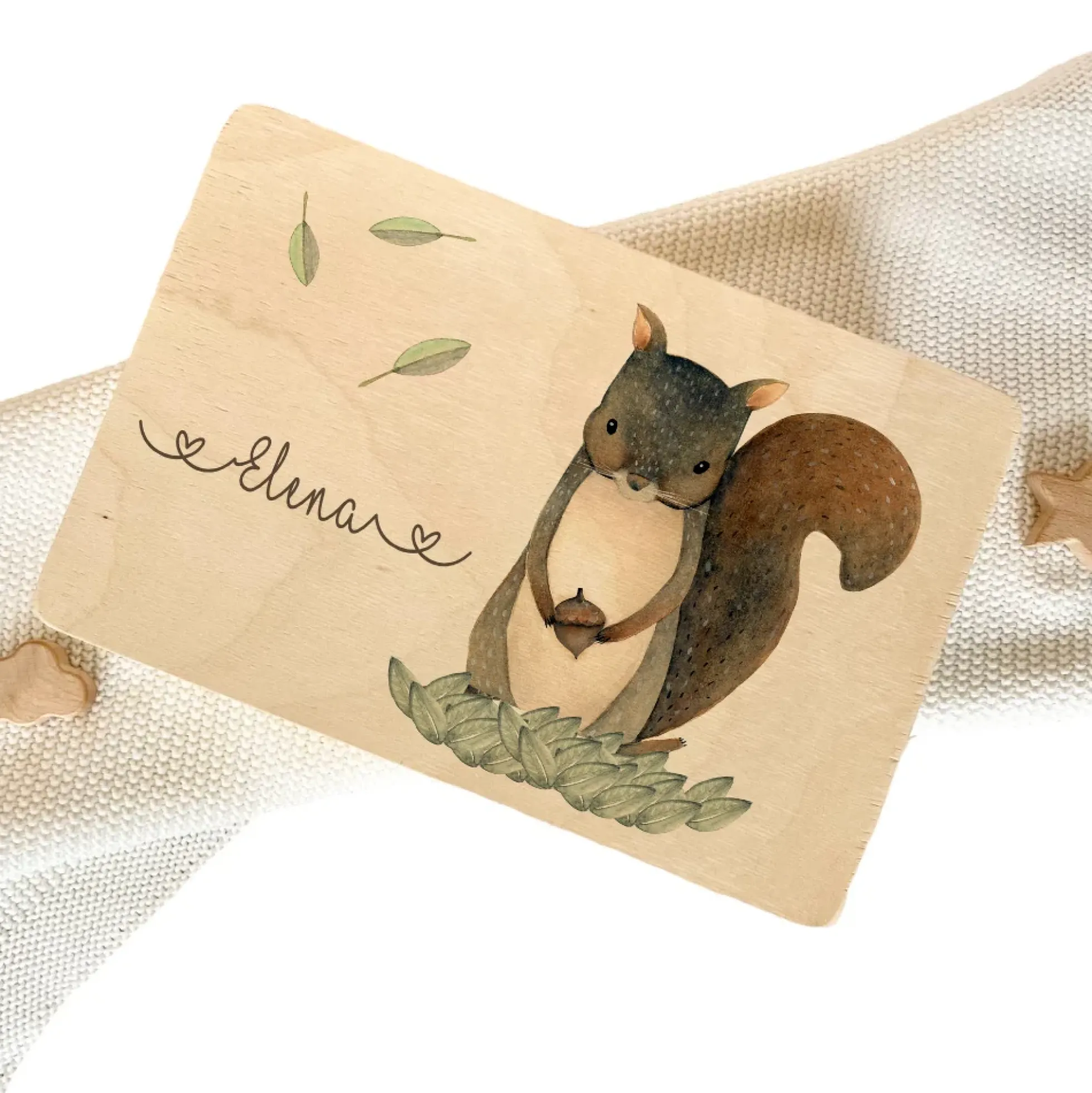 Personalisierte Erinnerungskiste "Eichhörnchen" als Motiv für Babys zur Geburt und Taufe, Babygeschenk mit dem Namen, Holzkiste