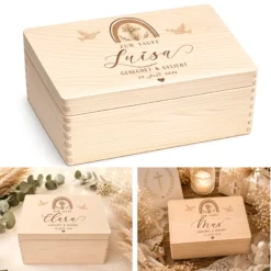 Personalisierte Erinnerungskiste Taufe mit Namen & Datum | Taufgeschenk Mädchen Junge | Holzbox Taufe | Geschenk zur Taufe Erinnerungsbox