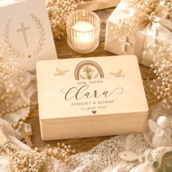 Personalisierte Erinnerungskiste Taufe mit Namen & Datum | Taufgeschenk Mädchen Junge | Holzbox Taufe | Geschenk zur Taufe Erinnerungsbox