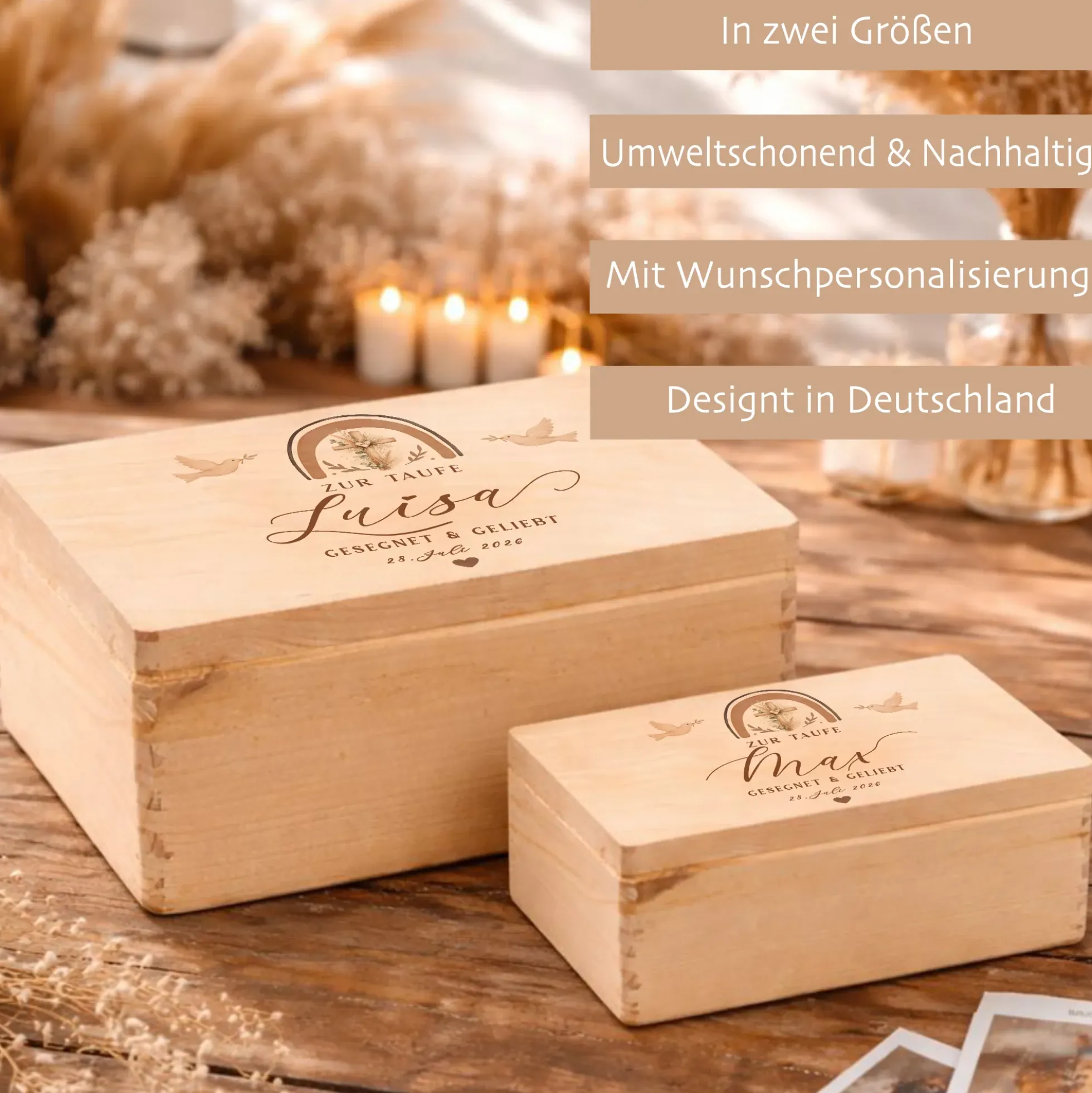 Personalisierte Erinnerungskiste Taufe mit Namen & Datum | Taufgeschenk Mädchen Junge | Holzbox Taufe | Geschenk zur Taufe Erinnerungsbox