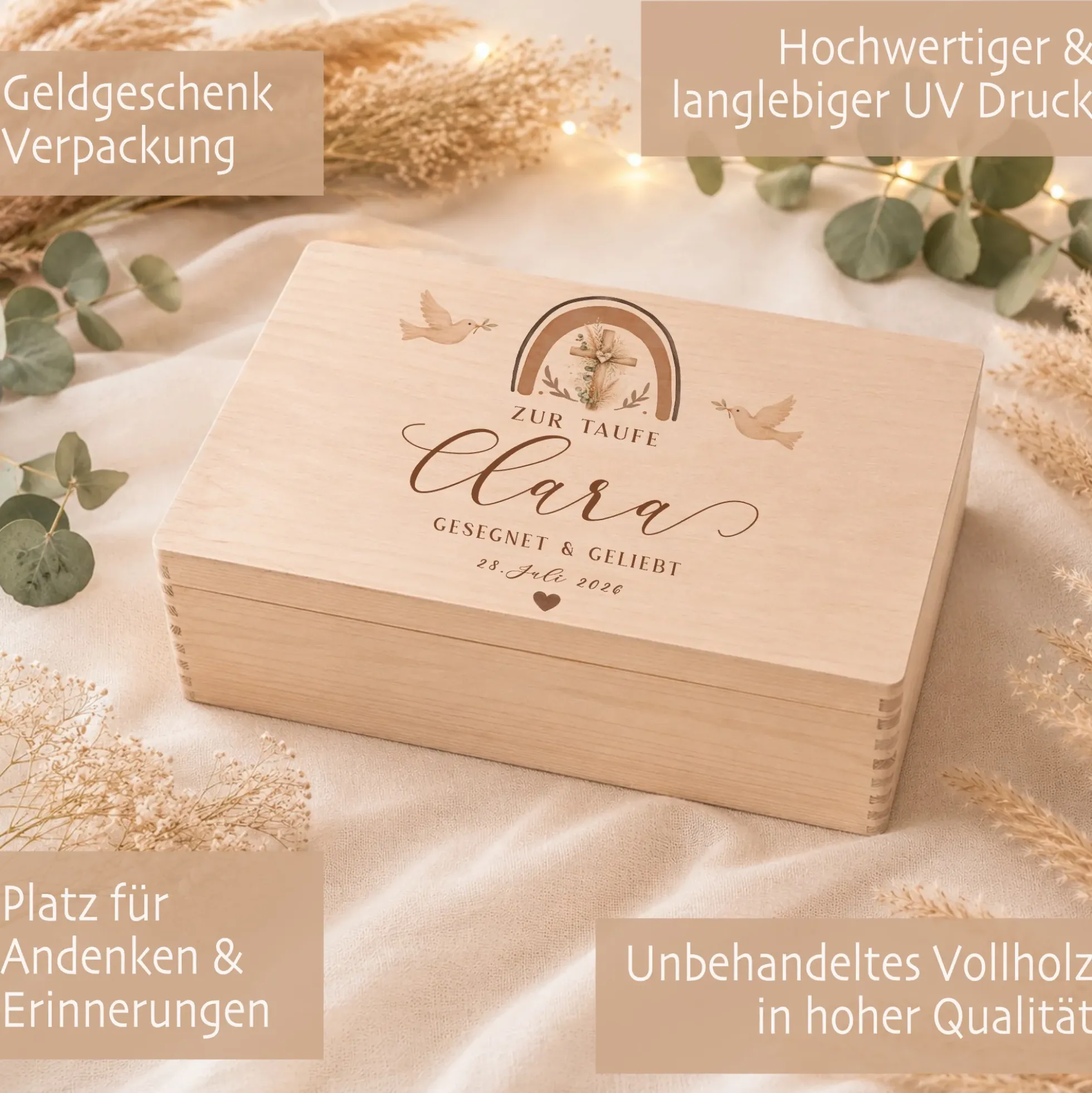 Personalisierte Erinnerungskiste Taufe mit Namen & Datum | Taufgeschenk Mädchen Junge | Holzbox Taufe | Geschenk zur Taufe Erinnerungsbox
