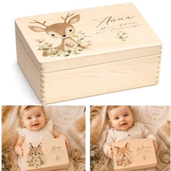 Personalisierte Erinnerungsbox aus Holz mit Namen – Süße Waldtiere Motive im Boho-Stil – Erinnerungskiste zur Geburt & Taufe