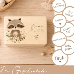 Personalisierte Erinnerungsbox aus Holz mit Namen – Süße Waldtiere Motive im Boho-Stil – Erinnerungskiste zur Geburt & Taufe