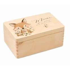 Personalisierte Erinnerungsbox aus Holz mit Namen – Süße Waldtiere Motive im Boho-Stil – Erinnerungskiste zur Geburt & Taufe