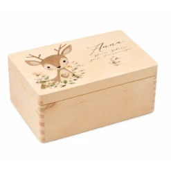 Personalisierte Erinnerungsbox aus Holz mit Namen – Süße Waldtiere Motive im Boho-Stil – Erinnerungskiste zur Geburt & Taufe