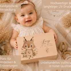 Personalisierte Erinnerungsbox aus Holz mit Namen – Süße Waldtiere Motive im Boho-Stil – Erinnerungskiste zur Geburt & Taufe
