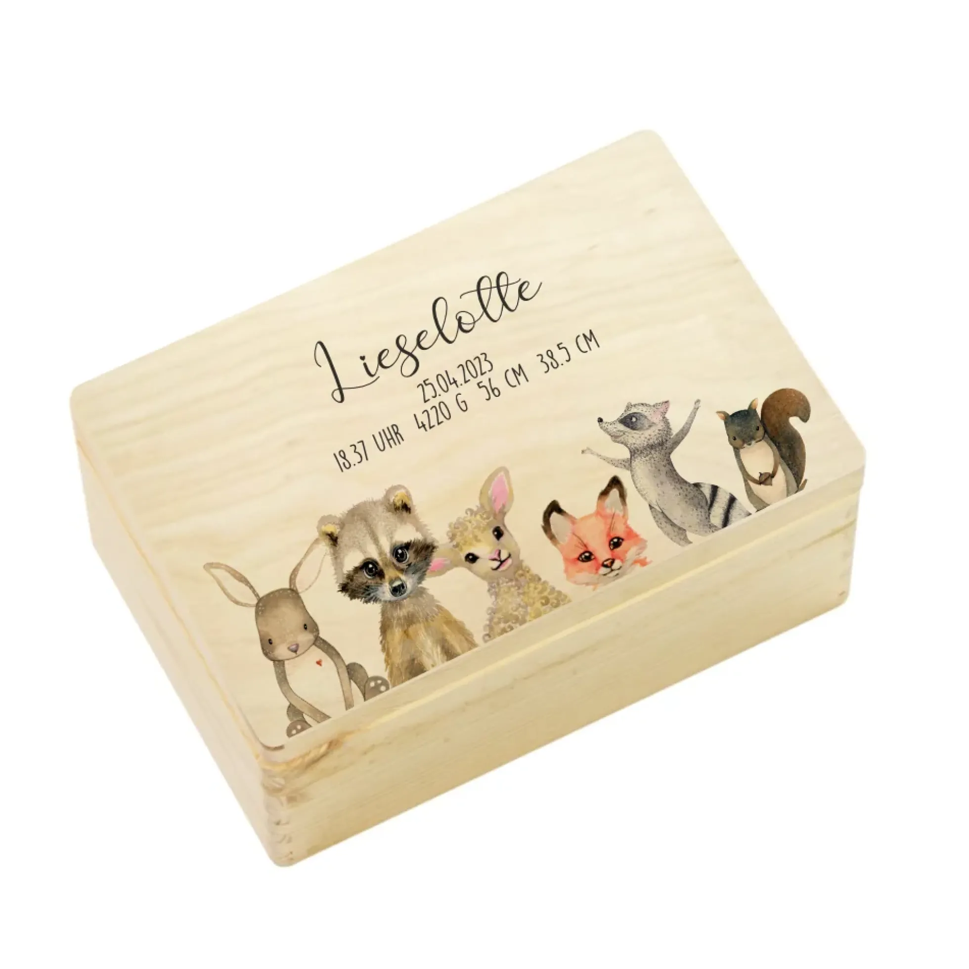 Personalisierte Erinnerungskiste "Tiere" als Motiv für Babys zur Geburt und Taufe, Babygeschenk mit dem Namen, Holzkiste