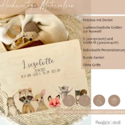 Personalisierte Erinnerungskiste "Tiere" als Motiv für Babys zur Geburt und Taufe, Babygeschenk mit dem Namen, Holzkiste