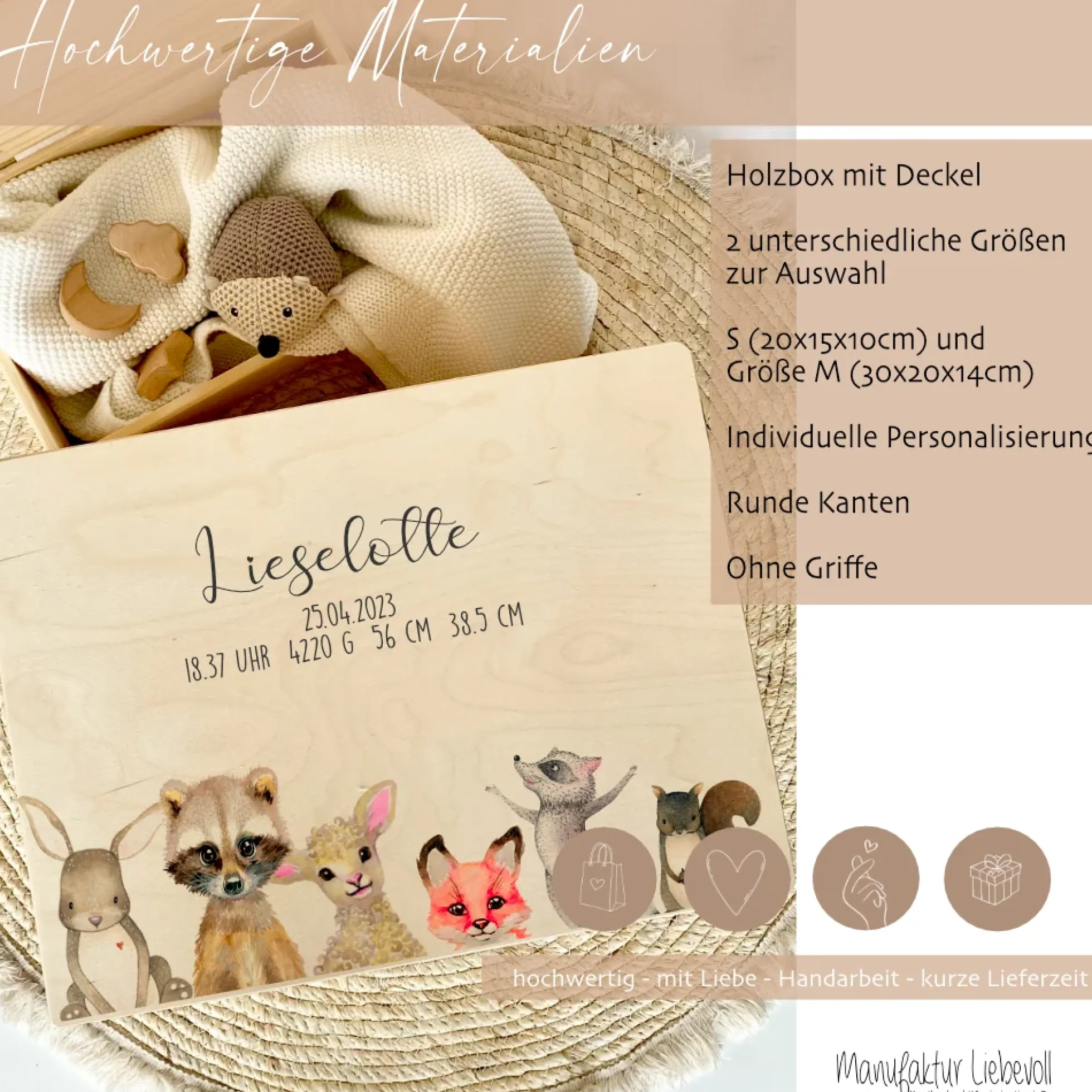 Personalisierte Erinnerungskiste "Tiere" als Motiv für Babys zur Geburt und Taufe, Babygeschenk mit dem Namen, Holzkiste