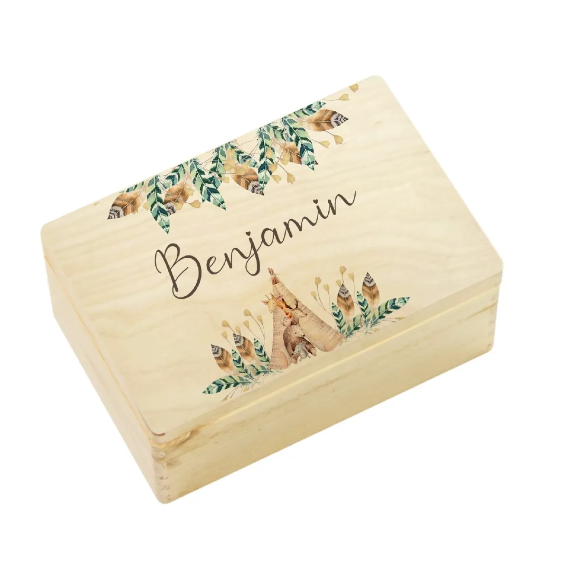Personalisierte Erinnerungskiste "Boho Tiere" als Motiv für Babys zur Geburt und Taufe, Babygeschenk mit dem Namen, Holzkiste
