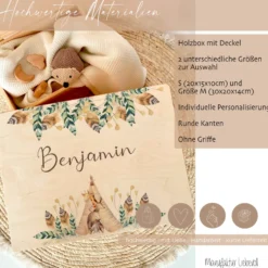 Personalisierte Erinnerungskiste "Boho Tiere" als Motiv für Babys zur Geburt und Taufe, Babygeschenk mit dem Namen, Holzkiste