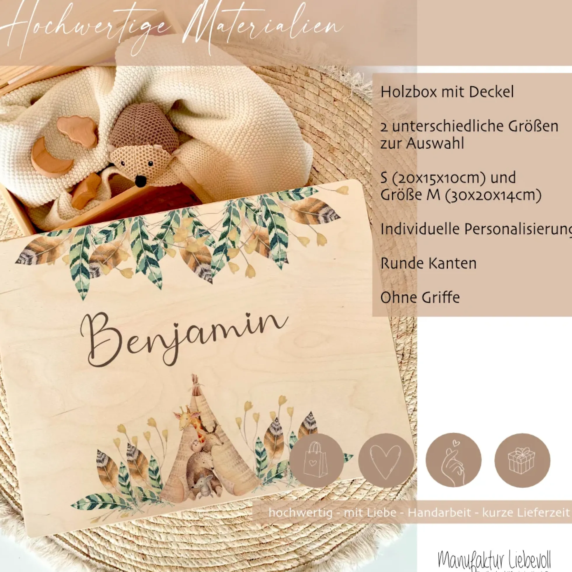 Personalisierte Erinnerungskiste "Boho Tiere" als Motiv für Babys zur Geburt und Taufe, Babygeschenk mit dem Namen, Holzkiste
